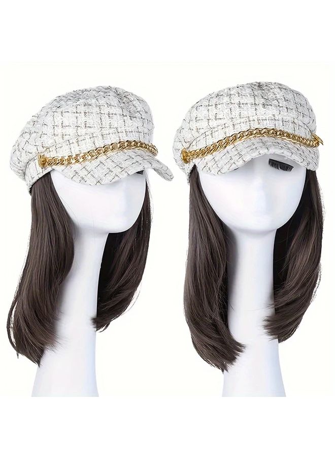 10 Inch Short Straight Hair Wig With Tweed Plaid Newsboy Cap For Women Color AT436 9 6A - Image 2
